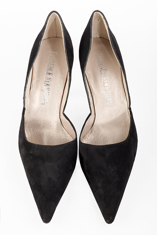 Matt black women's open arch dress pumps. Pointed toe. Very high slim heel. Top view - Florence KOOIJMAN